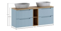 Ensemble VANO 140cm bleu et chêne : meubles sous vasque à tiroirs, niches visibles et vasques à poser grises dimensions