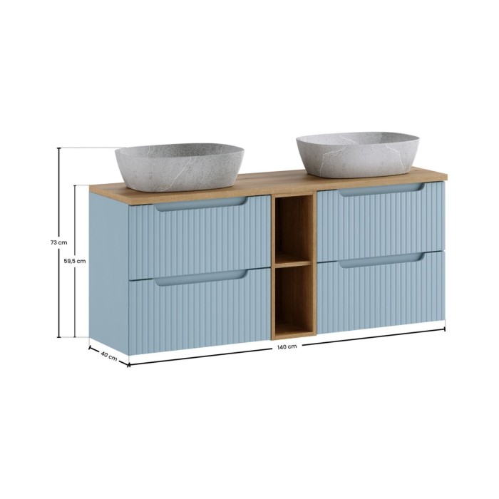 Insieme VANO blu denim e rovere chiaro 140cm: mobili sottolavabo con cassetti e nicchie visibili + lavabi grigi