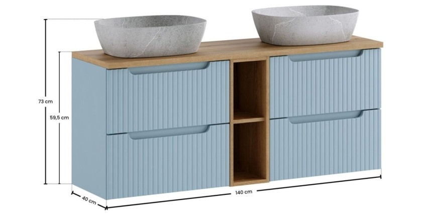 Ensemble VANO 140cm bleu et chêne : meubles sous vasque à tiroirs, niches visibles et vasques à poser grises dimensions