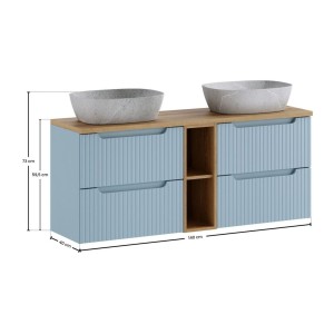 Set VANO blu denim e quercia chiara 140cm: mobili sotto lavabo con cassetti e nicchie visibili + lavabi grigi