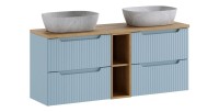 Ensemble VANO 140cm bleu et chêne : meubles sous vasque à tiroirs, niches visibles, plan pour vasque et vasques à poser grises
