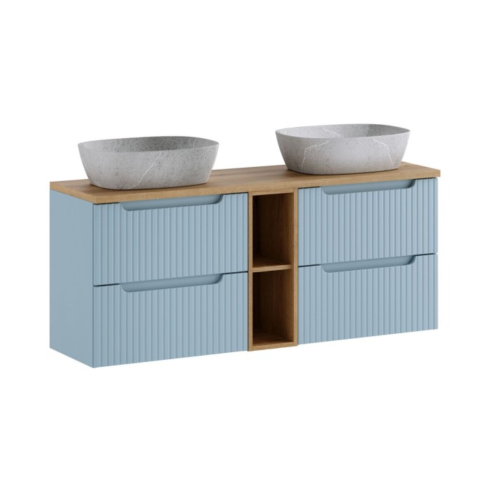 Ensemble VANO 140cm bleu et chêne : meubles sous vasque à tiroirs, niches visibles, plan pour vasque et vasques à poser grises