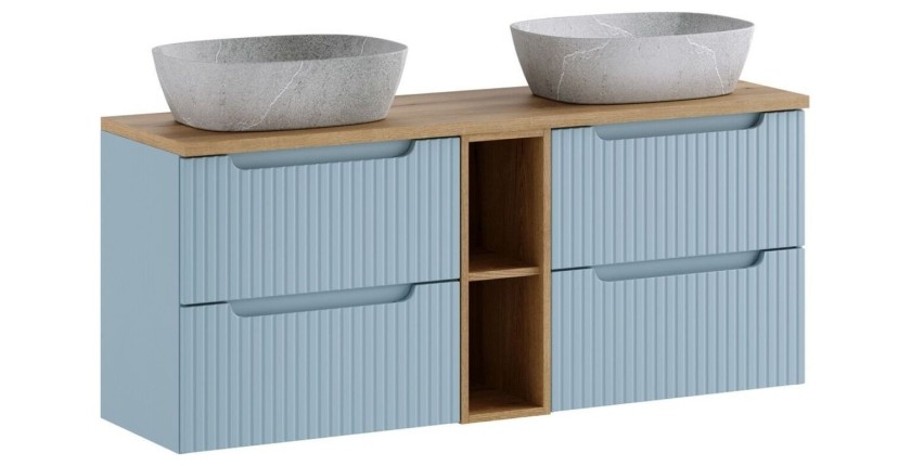 Set VANO blu denim e quercia chiara 140cm: mobili sotto lavabo con cassetti e nicchie visibili + lavabi grigi