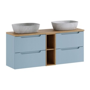 Ensemble VANO 140cm bleu et chêne : meubles sous vasque à tiroirs, niches visibles, plan pour vasque et vasques à poser grises