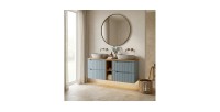 Ensemble VANO 140cm bleu et chêne : meubles sous vasque à tiroirs, niches visibles et vasques à poser grises mis en situation