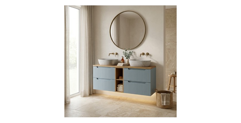 Ensemble VANO 140cm bleu et chêne : meubles sous vasque à tiroirs, niches visibles et vasques à poser grises mis en situation