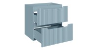 Set VANO blu denim e quercia chiara 140cm: mobili sotto lavabo con cassetti e nicchie visibili + lavabi grigi