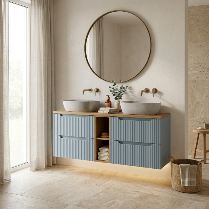 Insieme sospeso VANO blu denim e rovere chiaro 140cm: mobili sotto lavabo con cassetti e nicchie a vista + piano per lavabo