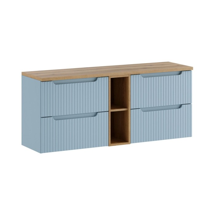 Insieme sospeso VANO blu denim e rovere chiaro 140cm: mobili sotto lavabo con cassetti e nicchie a vista + piano per lavabo