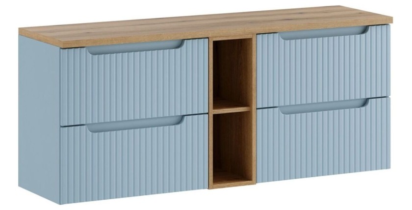 Set sospeso VANO blu denim e quercia chiara 140cm: mobile sotto lavabo con cassetti e nicchie visibili + piano per lavabo