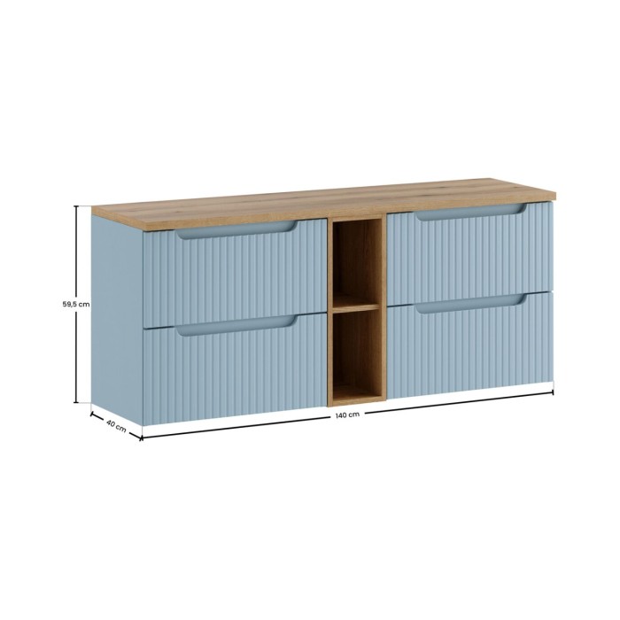 Insieme sospeso VANO blu denim e rovere chiaro 140cm: mobili sotto lavabo con cassetti e nicchie a vista + piano per lavabo