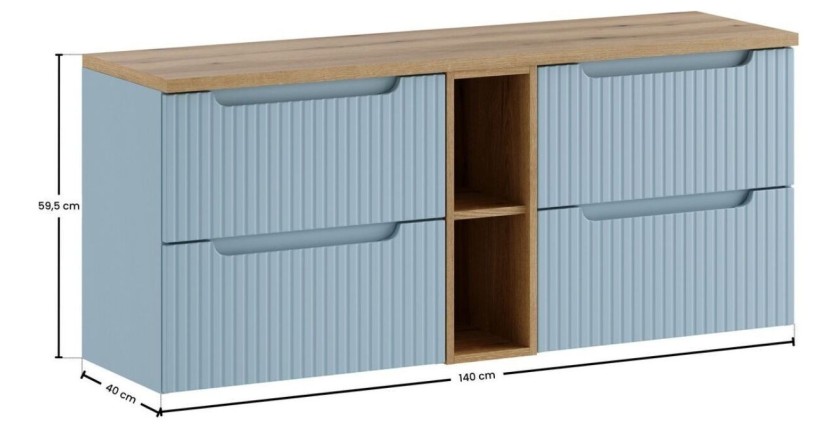 Set sospeso VANO blu denim e quercia chiara 140cm: mobile sotto lavabo con cassetti e nicchie visibili + piano per lavabo