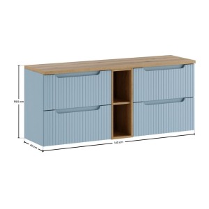 Set sospeso VANO blu denim e quercia chiara 140cm: mobile sotto lavabo con cassetti e nicchie visibili + piano per lavabo