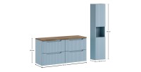 Conjunto de baño suspendido VANO azul denim y roble 150cm: muebles bajo lavabo con cajones + encimera para lavabo + columna