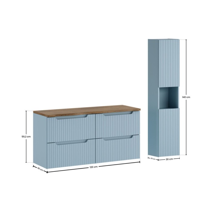 Set da bagno sospeso VANO blu denim e rovere 150cm: mobile sotto lavabo con cassetti + piano per lavabo + colonna