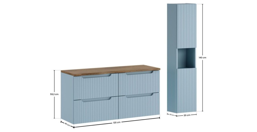 Conjunto de baño suspendido VANO azul denim y roble 150cm: muebles bajo lavabo con cajones + encimera para lavabo + columna