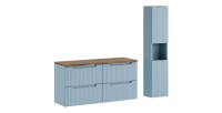 Conjunto de baño suspendido VANO azul denim y roble 150cm: muebles bajo lavabo con cajones + encimera para lavabo + columna