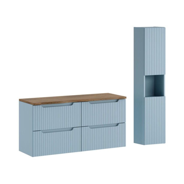 Set da bagno sospeso VANO blu denim e rovere 150cm: mobile sotto lavabo con cassetti + piano per lavabo + colonna