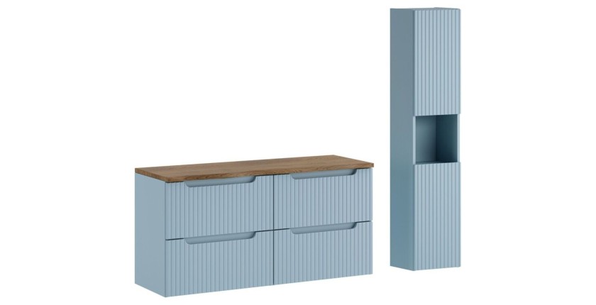 Conjunto de baño suspendido VANO azul denim y roble 150cm: muebles bajo lavabo con cajones + encimera para lavabo + columna