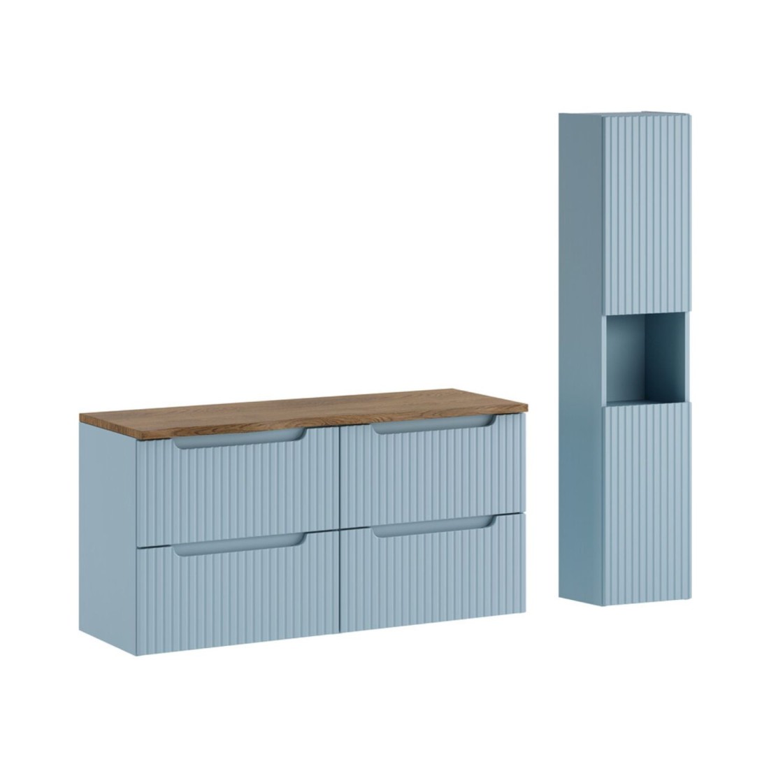 Conjunto de baño suspendido VANO azul denim y roble 150cm: muebles bajo lavabo con cajones + encimera para lavabo + columna