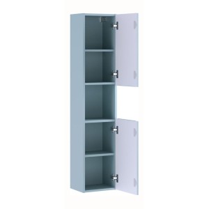 Conjunto de baño suspendido VANO azul denim y roble 150cm: muebles bajo lavabo con cajones + encimera para lavabo + columna