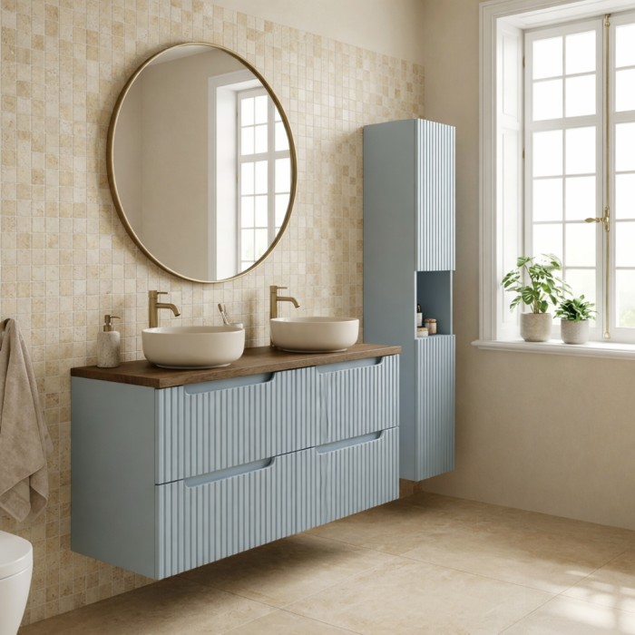 Set da bagno sospeso VANO blu denim e rovere 150cm: mobile sotto lavabo con cassetti + piano per lavabo + colonna