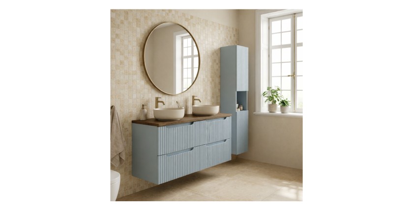 Conjunto de baño suspendido VANO azul denim y roble 150cm: muebles bajo lavabo con cajones + encimera para lavabo + columna