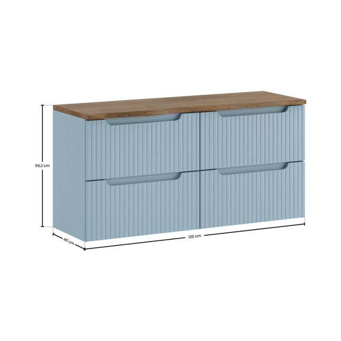 Ensemble VANO bleu et chêne 120cm : meuble sous vasque à tiroirs et pan pour vasque biseauté dimensions