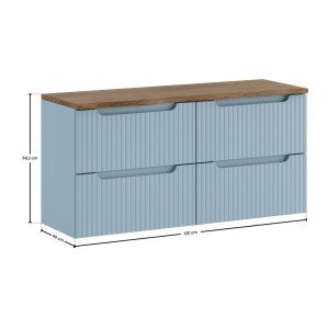 Wandhängendes Badezimmer-Set VANO in Denim-Blau und Eichenholz 120cm: Unterschrank mit Schubladen + Waschtischplatte