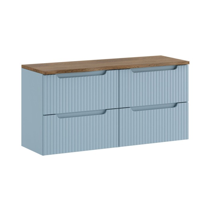 Ensemble VANO bleu et chêne 120cm : meuble sous vasque à tiroirs et pan pour vasque biseauté