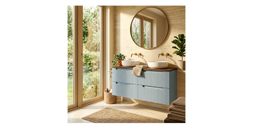 Wandhängendes Badezimmer-Set VANO in Denim-Blau und Eichenholz 120cm: Unterschrank mit Schubladen + Waschtischplatte