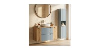 Conjunto suspendido VANO azul denim y roble claro 130cm: muebles bajo lavabo con cajones y armarios + encimera para lavabo + col