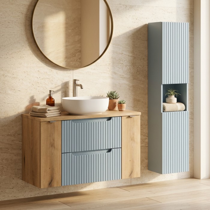 Ensemble VANO bleu et chêne 130cm : meubles sous vasque à tiroirs et portes, plan pour vasque et colonne mis en situation