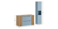 Conjunto suspendido VANO azul denim y roble claro 130cm: muebles bajo lavabo con cajones y armarios + encimera para lavabo + col
