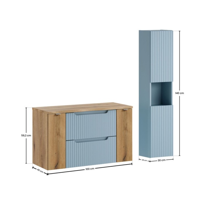 Ensemble VANO bleu et chêne 130cm : meubles sous vasque à tiroirs et portes, plan pour vasque et colonne dimensions