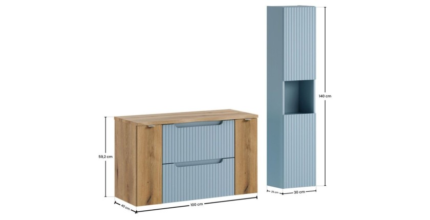 Conjunto suspendido VANO azul denim y roble claro 130cm: muebles bajo lavabo con cajones y armarios + encimera para lavabo + col