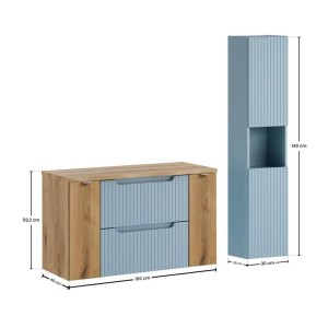 Conjunto suspendido VANO azul denim y roble claro 130cm: muebles bajo lavabo con cajones y armarios + encimera para lavabo + col