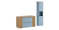 Conjunto suspendido VANO azul denim y roble claro 130cm: muebles bajo lavabo con cajones y armarios + encimera para lavabo + col