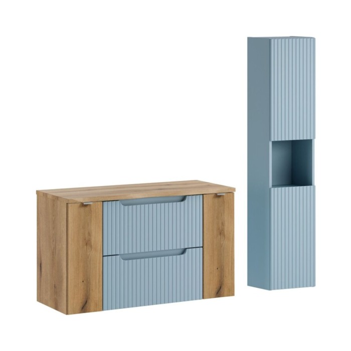 Ensemble VANO bleu et chêne 130cm : meubles sous vasque à tiroirs et portes, plan pour vasque et colonne