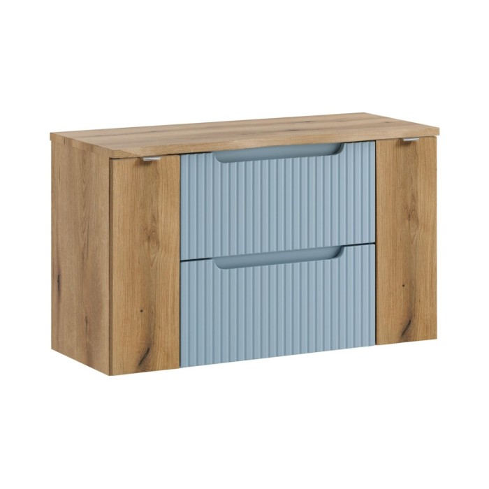 Insieme sospeso VANO blu denim e rovere chiaro 100cm: mobile sotto lavabo con cassetti e armadietti + piano per lavabo