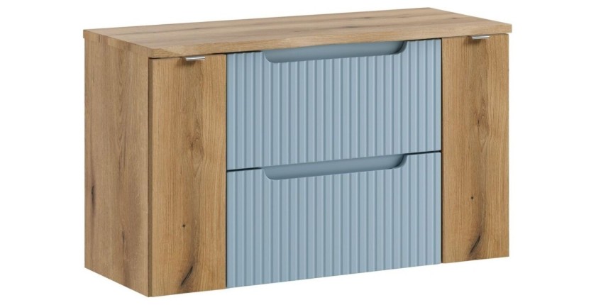 Ensemble VANO bleu et chêne 100cm : meubles sous vasque à tiroirs et portes et plan pour vasque