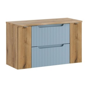 Ensemble VANO bleu et chêne 100cm : meubles sous vasque à tiroirs et portes et plan pour vasque