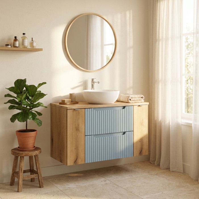 Insieme sospeso VANO blu denim e rovere chiaro 100cm: mobile sotto lavabo con cassetti e armadietti + piano per lavabo