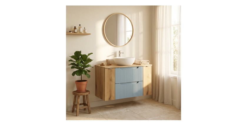Ensemble VANO bleu et chêne 100cm : meubles sous vasque à tiroirs et portes et plan pour vasque mis en situation