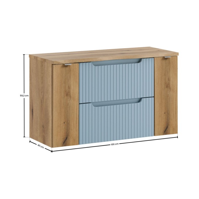 Insieme sospeso VANO blu denim e rovere chiaro 100cm: mobile sotto lavabo con cassetti e armadietti + piano per lavabo