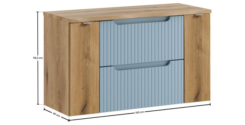 Ensemble VANO bleu et chêne 100cm : meubles sous vasque à tiroirs et portes et plan pour vasque dimensions