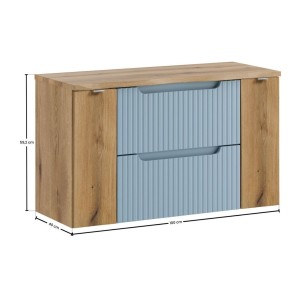 Ensemble VANO bleu et chêne 100cm : meubles sous vasque à tiroirs et portes et plan pour vasque dimensions