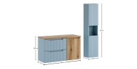 Conjunto VANO azul denim y roble claro 130cm: muebles bajo lavabo con cajones y cesto para la ropa + encimera para lavabo + colu