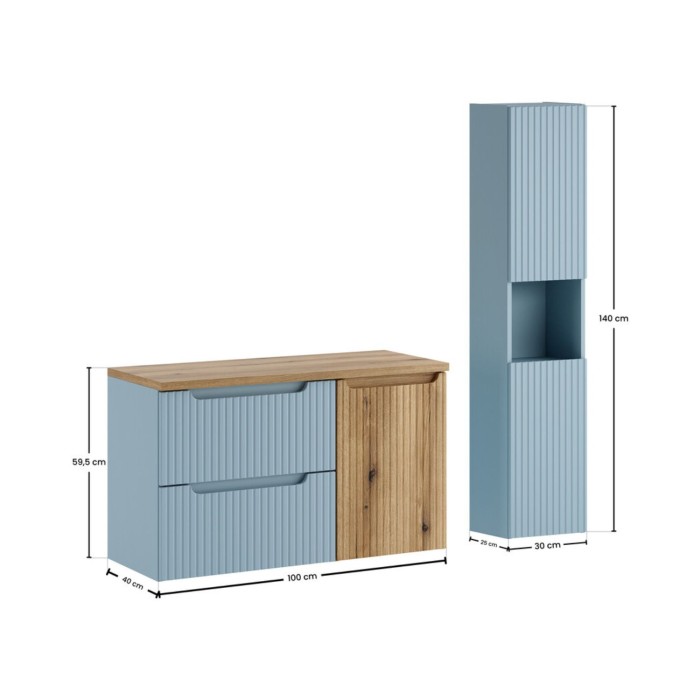 Conjunto VANO azul denim y roble claro 130cm: muebles bajo lavabo con cajones y cesto para ropa + encimera para lavabo + columna