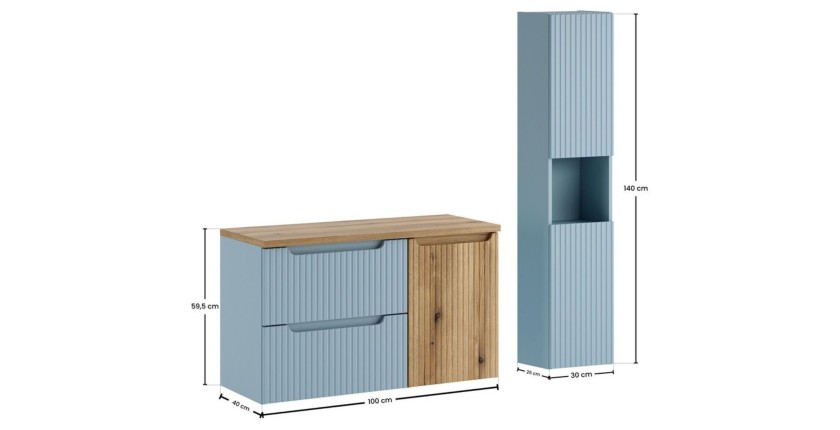 Conjunto VANO azul denim y roble claro 130cm: muebles bajo lavabo con cajones y cesto para la ropa + encimera para lavabo + colu